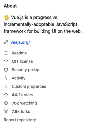 Screenshot of the GitHub about section of the repository. It contains a short description, a link to the Vue.js website, GitHub links to the readme, MIT license, security policy, activity, and custom properties. Some statistics are rendered as well: 44.2k stars, 762 watching, and 7.8k forks.